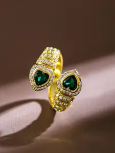 Rubans 18K Gold Plated Emerald & CubicZirconia Studded Demi Fine Heart Motif Openable Ring