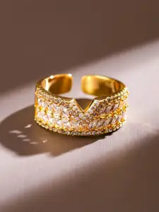Rubans 18K Gold Plated Cubic Zirconia Studded V Cut Crown Design Adjustable Ring