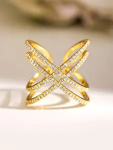 Rubans 18K Gold Plated Cubic Zirconia Studded Criss Cross Adjustable Statement Ring
