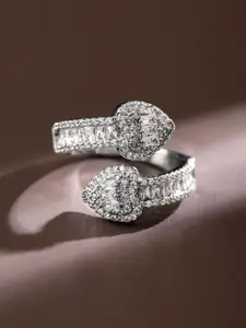 Rubans Rhodium Plated Cubic Zirconia Studded Double Buckle Design Adjustable Ring