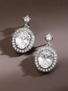 Rubans Rhodium Plated Oval Cut Cubic Zirconia Studded Drop Earrings