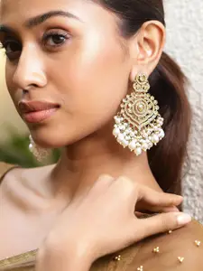 Rubans 18K Gold Plated Kundan Studded White Pearl Beaded Handcrafted Chandbali Earrings