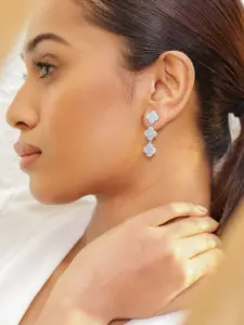 Rubans Rhodium Plated Cubic Zirconia Studded Floral Drop Earrings