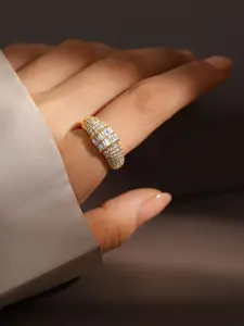 Rubans 18K Gold Plated Pave & Baguette Cubic Zirconia Studded Adjustable Ring