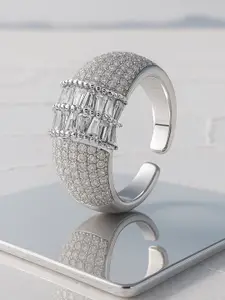 Rubans Rhodium Plated Pave & Baguette Cubic Zirconia Studded Adjustable Ring