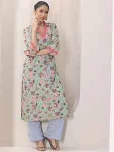 Libas Green Floral Printed V-Neck Sequinned Straight Kurtas