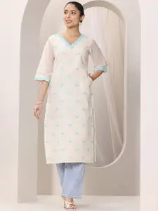 Libas Off White Floral Embroidered V-Neck Thread Work Straight Kurta