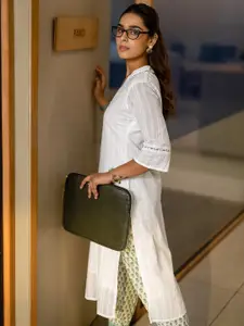 Libas White Striped Woven Design V-Neck Straight Kurta