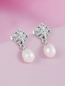 Zavya 925 Sterling Silver Rhodium-Plated CZ Studded Contemporary Drop Earrings