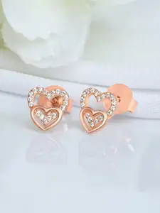 Zavya 925 Sterling Silver Rose Gold-Plated CZ Studded Heart Shaped Studs Earrings