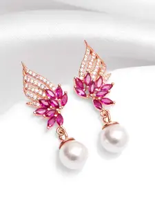 Zavya 925 Sterling Silver Rose Gold-Plated CZ-Studded & Beaded Contemporary Drop Earrings