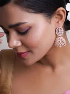 Adwitiya Collection Rose Gold-Plated Cubic Zirconia Studded Dome Shaped Jhumkas