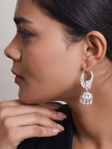 Adwitiya Collection Rhodium-Plated American Diamond Studded Dome Shaped Jhumkas
