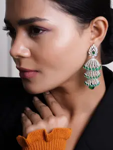 Adwitiya Collection Rhodium-Plated Green Emerald & AD Studded Dome Shaped Drop Earrings