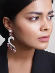 Adwitiya Collection Rhodium-Plated American Diamond Studded Heart Shaped Drop Earrings