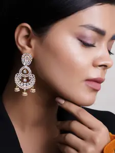 Adwitiya Collection Gold-Plated AD Stone Studded Contemporary Shaped Drop Earrings