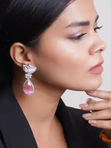 Adwitiya Collection Rhodium-Plated American Diamonds Studded Teardrop Shaped Drop Earrings