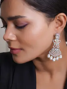 Adwitiya Collection Rhodium-Plated American Diamond Studded Floral Shaped Drop Earrings