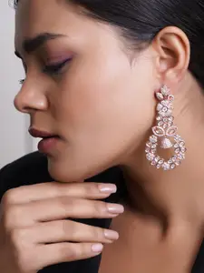Adwitiya Collection Rose Gold-Plated Cubic Zirconia Studded Floral Shaped Drop Earrings