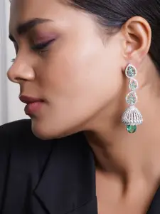 Adwitiya Collection Rhodium-Plated Green Emerald & AD Studded Dome Shaped Drop Earrings