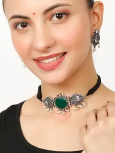 VIVAZS Oxidised Silver Plated Emerald Studded Handcrafted Floral Necklace Set
