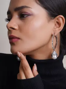 Adwitiya Collection Silver-Plated Pearl Beaded & Artificial Stones Studded Jhumkas