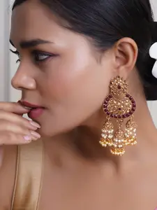 Adwitiya Collection Gold-Plated Stone Studded & Pearls Beaded Dome Shaped Chandbalis