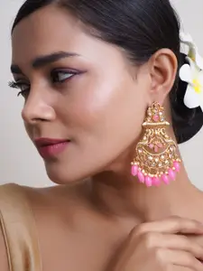 Adwitiya Collection Gold-Plated Stones Studded & Pearl Beaded Peacock Shaped Drop Earrings