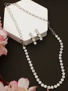 VIVAZS Rhodium-Plated White Cubic Zirconia Studded Tennis Necklace Jewellery Set