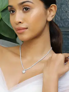 Rubans Rhodium Plated AD & Cubic Zirconia Studded Heart Pendant Necklace