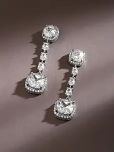 Rubans Rhodium Plated Cushion Cut Cubic Zirconia Studded Drop Earrings Sparkle