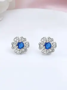 Zavya 925 Pure Silver Rhodium-Plated Cubic Zirconia Floral Shaped Studs