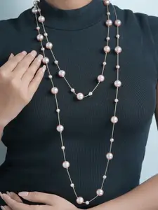 AQUASTREET Gold Plated Layered PINK Pearl Long Necklace