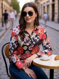 Hive91 Women Standard Fit Spread Collar Floral Printed Satin Casual Shirt