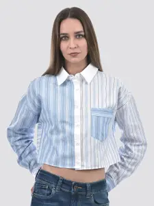 ONLY Women Boxy Fit Spread Collar Vertical Striped Cotton Casual Shirt