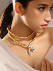 Rubans 22KT Gold & Silver-Plated Snake Motifs Dual-Tone Serpent Wrap Necklace