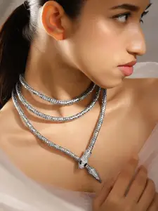 Rubans Silver Plated Cubic Zirconia Studded Snake Motif Layered Demi Fine Necklace