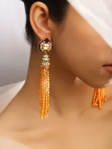 Rubans 18K Gold Plated Citrine Yellow Beaded Tassel & Cubic Zirconia Long Dangle Earrings