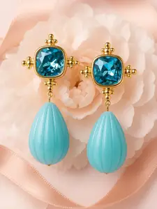 Rubans 18K Gold Plated Crystal Blue Sapphire Studded & Aqua Beaded Statement Drop Earrings