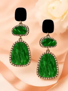 Rubans Emerald Green Crystal Marble Stone & Black Studded Long Statement Dangle Earrings