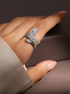 Rubans Rhodium Plated Cubic Zirconia Studded Leaf Design Openable Adjustable Ring