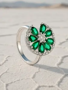 Rubans Rhodium Plated Emerald Green & CubicZirconia Studded Openable Floral Statement Ring