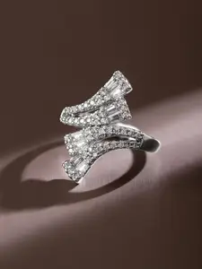 Rubans Rhodium Plated Baguette & Cubic Zirconia Studded Adjustable Openable Statement Ring