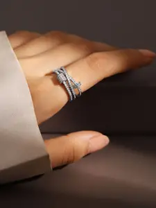 Rubans Rhodium Plated Multi Layered Cubic Zirconia Studded Openable Adjustable Ring