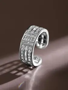 Rubans Rhodium Plated Adjustable Openable Ring with Baguette & Pave Cubic Zirconia