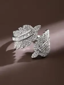 Rubans Rhodium Plated Cubic Zirconia Studded Leaf Design Adjustable Finger Ring