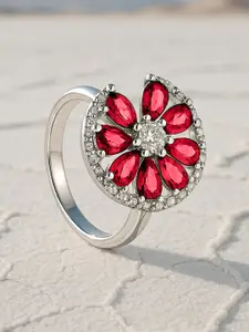 Rubans Rhodium Plated Ruby Pink & Cubic Zirconia Studded Openable Floral Statement Ring