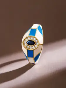 Rubans 18K Gold Plated Blue & White Enamel and Sapphire Cubic Zirconia Adjustable Ring