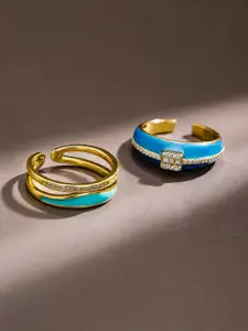 Rubans Set of 2 18K Gold Plated Blue Enamel & Cubic Zirconia Studded Openable Rings