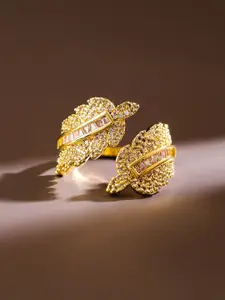 Rubans 18K Gold Plated Cubic Zirconia Studded Leaf Design Adjustable Finger Ring